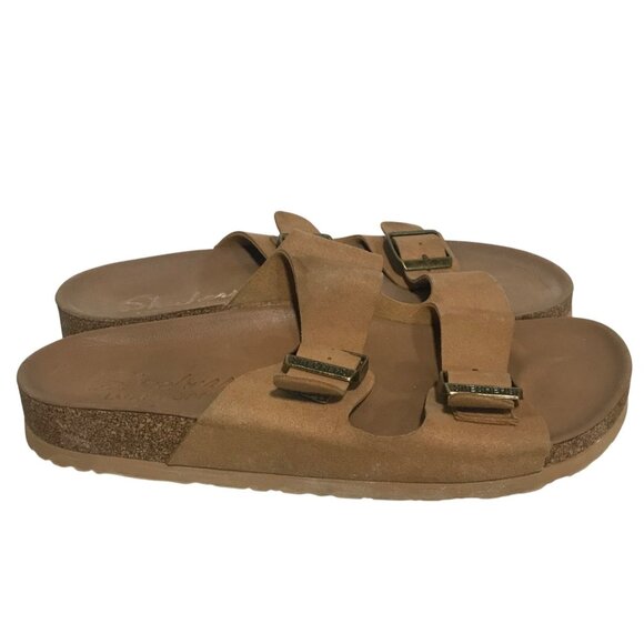 Skechers Sandals Luxe Foam Women Size 6 Tan Double Strap Slide Adjustable Buckle - Picture 1 of 12